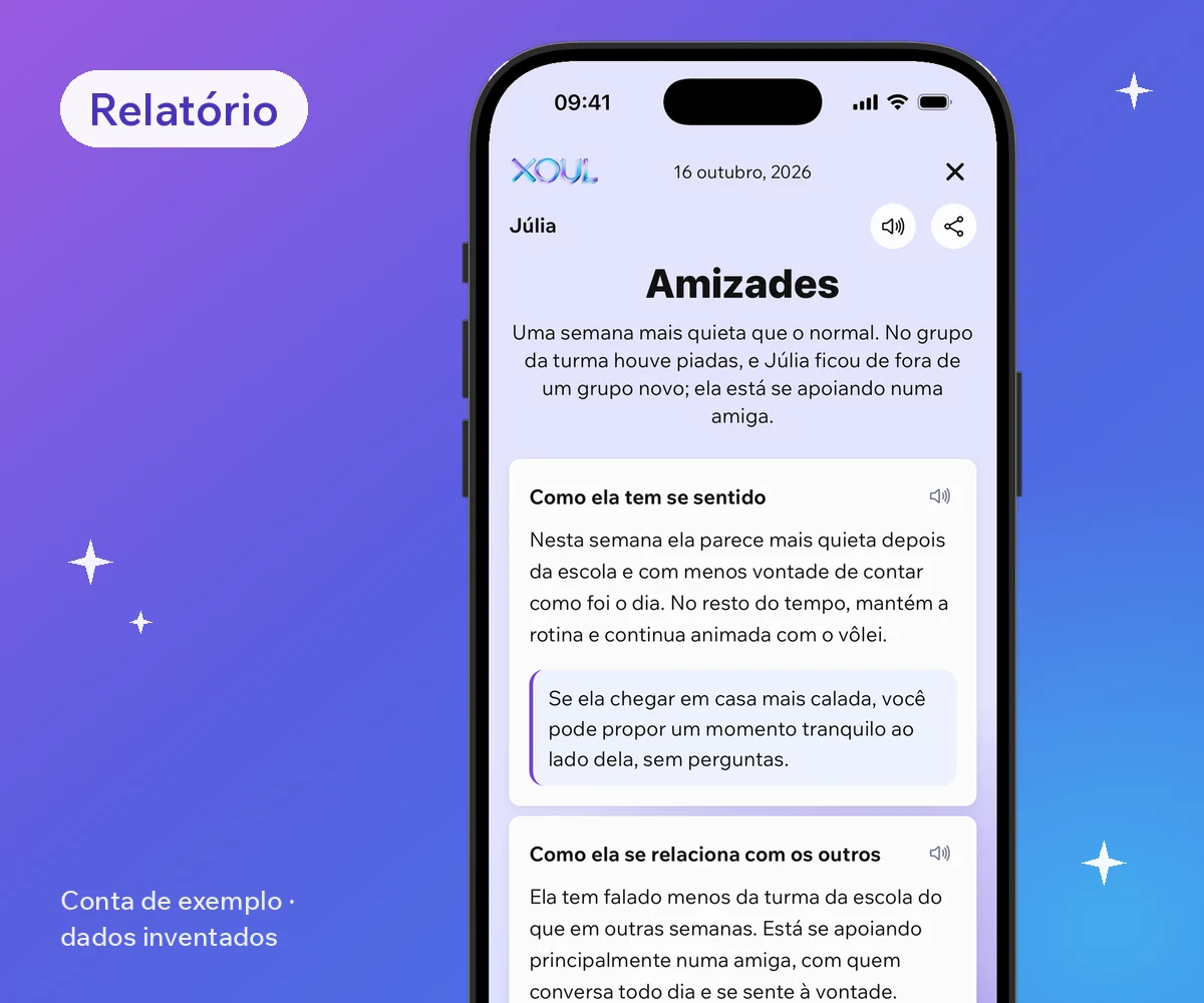 Tela de um relatório do Xoul com dados inventados: um resumo da semana, como ela tem se sentido e como se relaciona com os outros, sem mostrar nenhuma mensagem.
