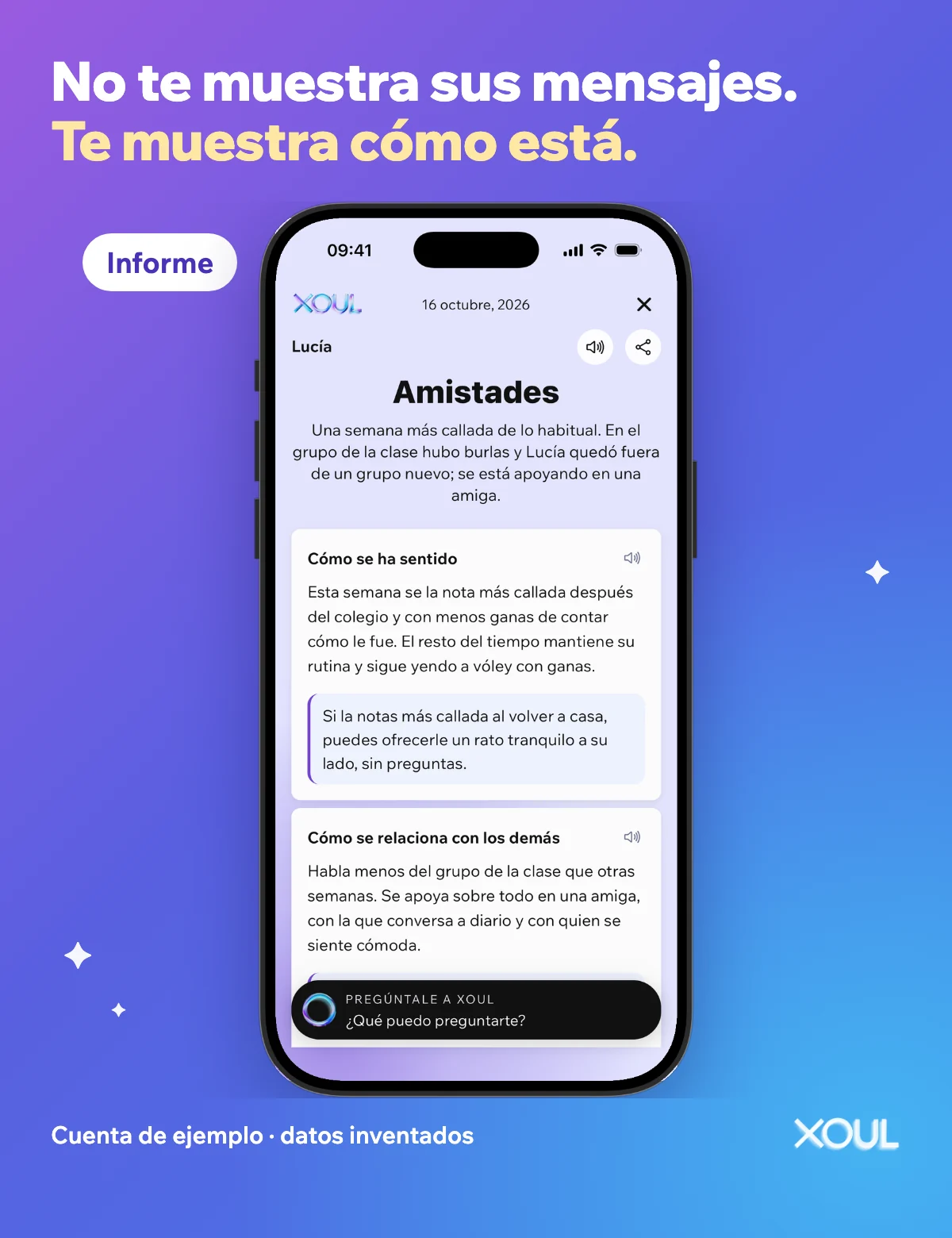 Captura de un informe de Xoul con datos inventados, con el título Amistades y la sección Cómo se ha sentido, bajo la frase: No te muestra sus mensajes. Te muestra cómo está.