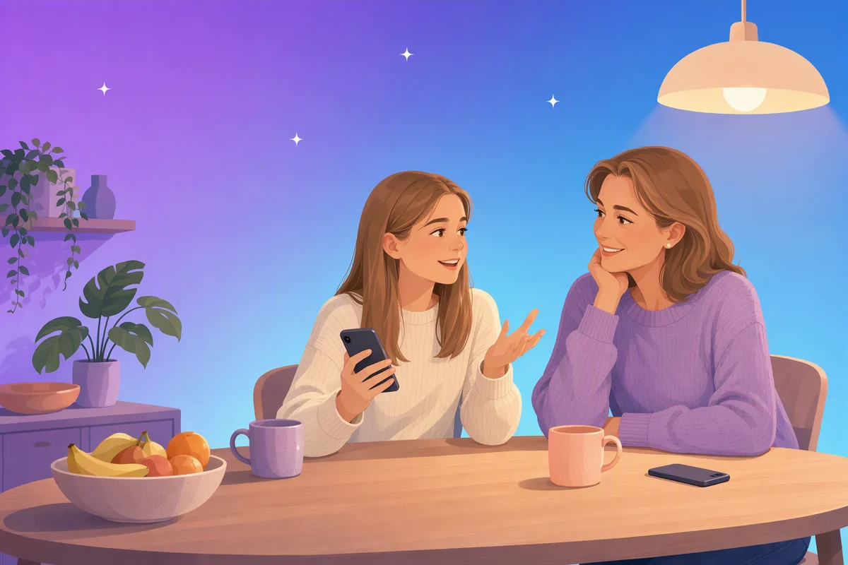 Illustration of a mother and her teenage daughter chatting calmly at the kitchen table; the girl holds her phone and the mother listens, her own phone face down on the table.