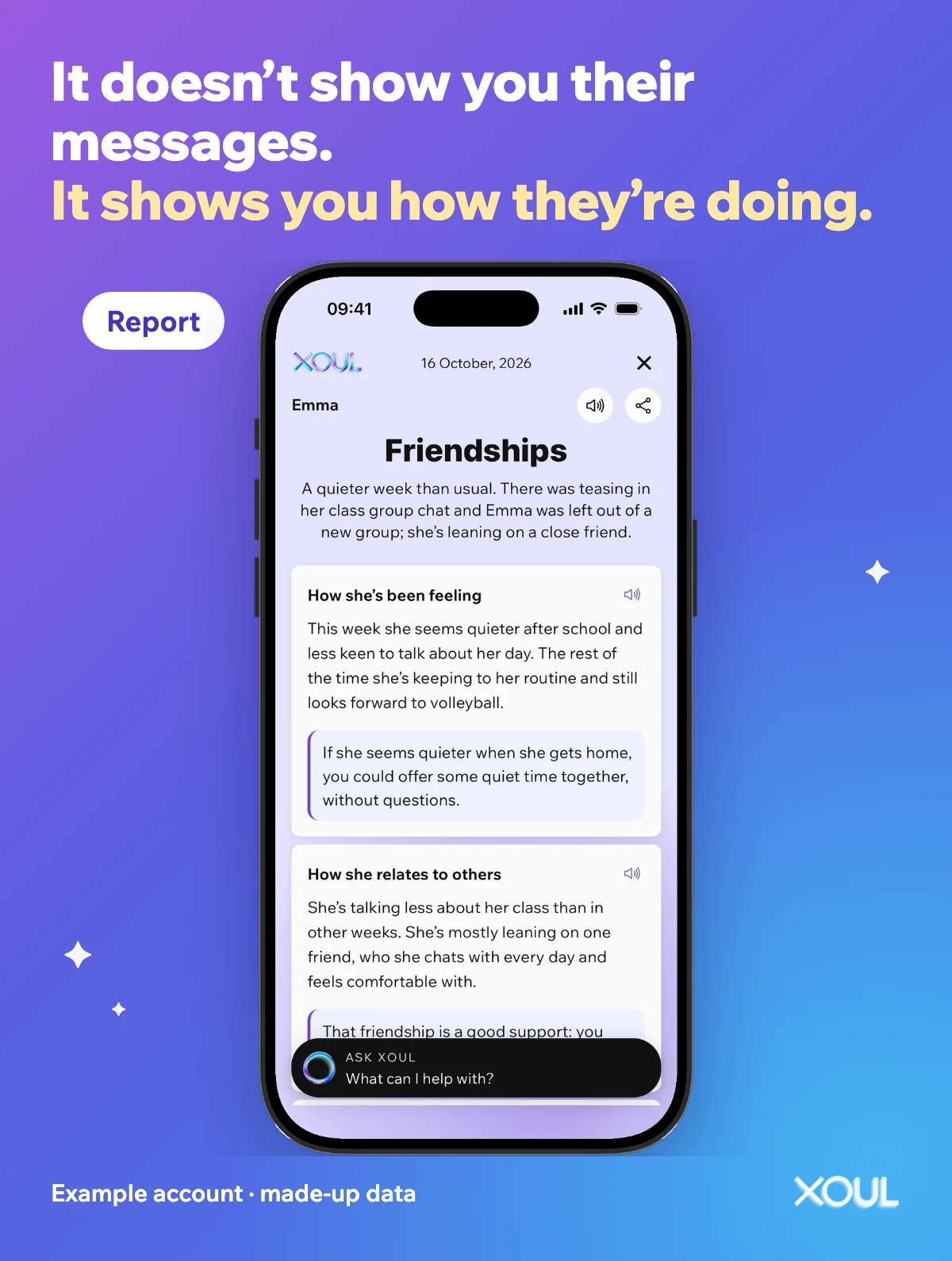 Screenshot of a Xoul report with made-up data, titled Friendships, with the section How she has been feeling, under the line: It doesn’t show you their messages. It shows you how they’re doing.