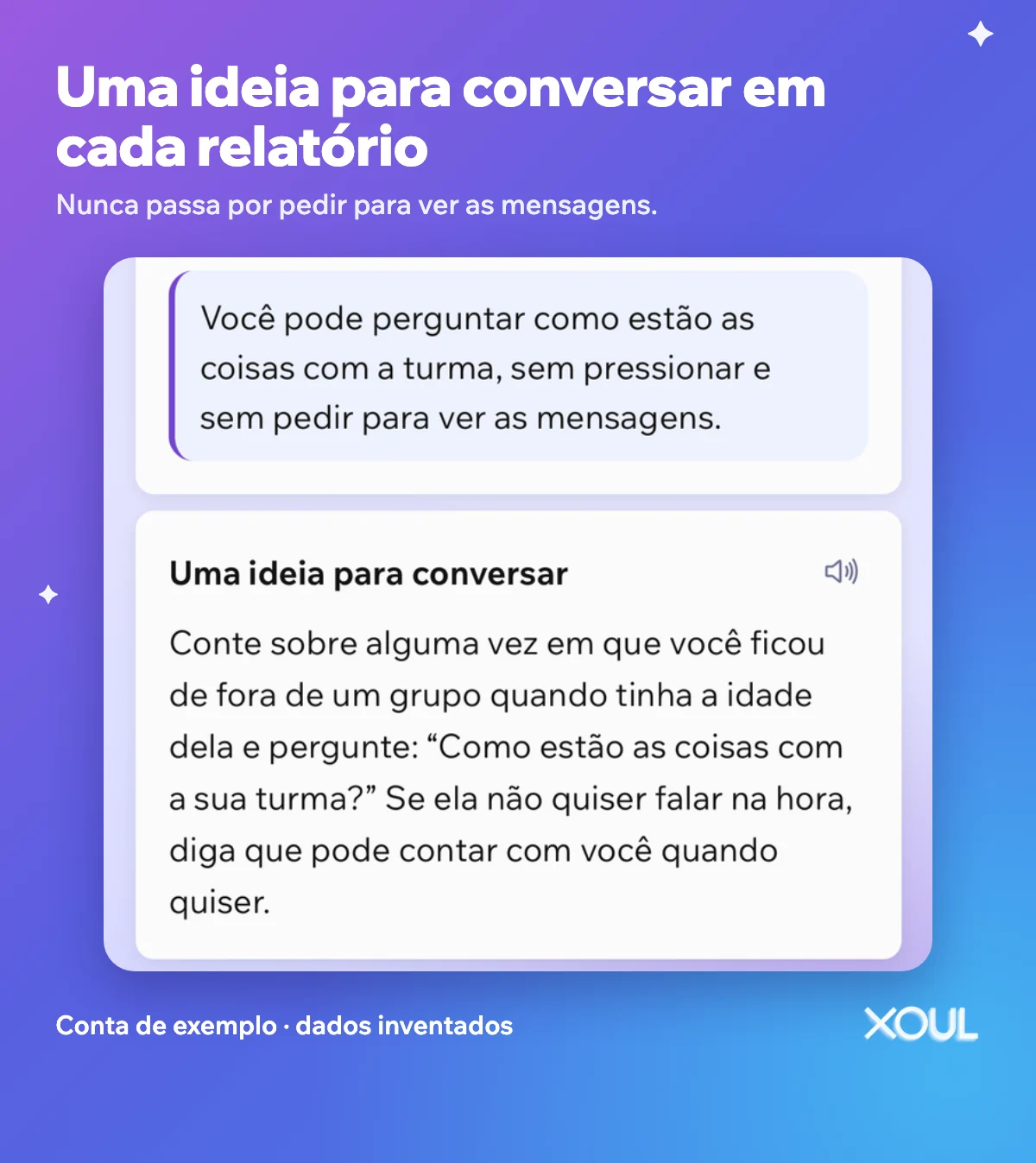 Tela de um relatório do Xoul com dados inventados: uma sugestão para perguntar como estão as coisas com a turma sem pedir para ver as mensagens, e uma ideia para conversar.
