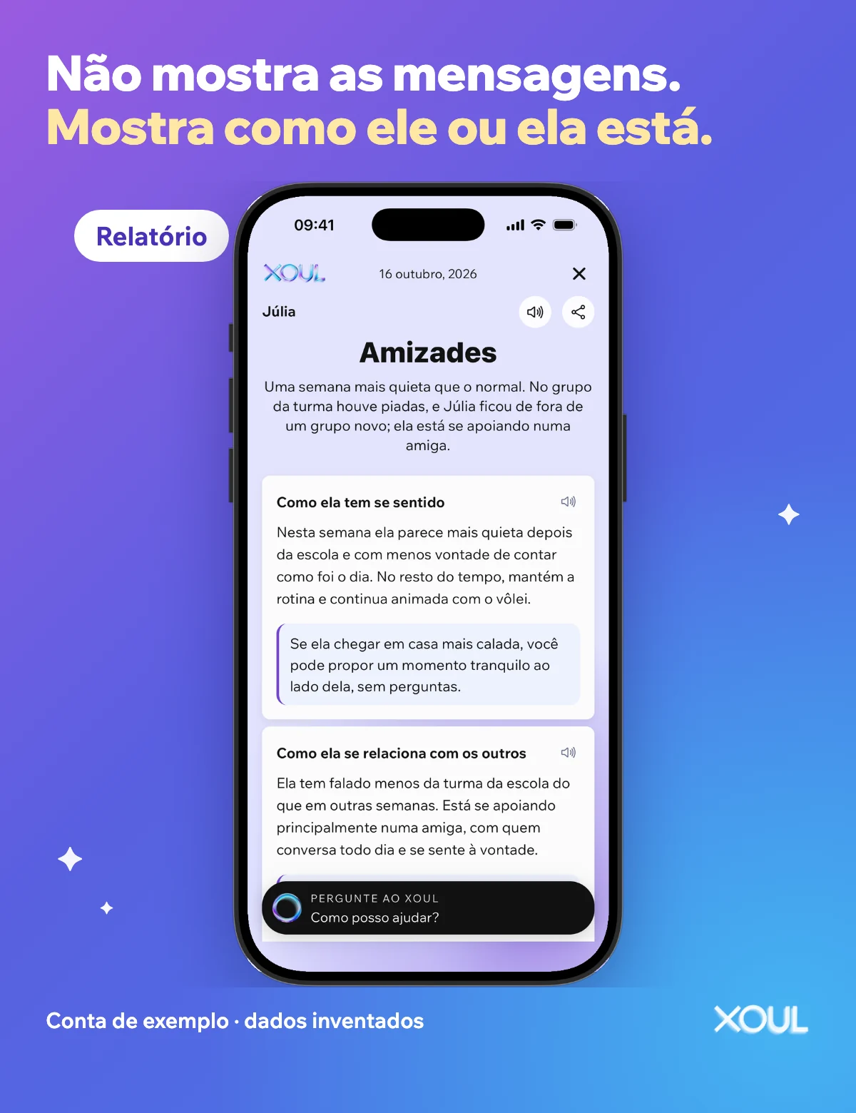 Tela de um relatório do Xoul com dados inventados, com o título Amizades e a seção Como tem se sentido, abaixo da frase: Não mostra as mensagens. Mostra como ele ou ela está.
