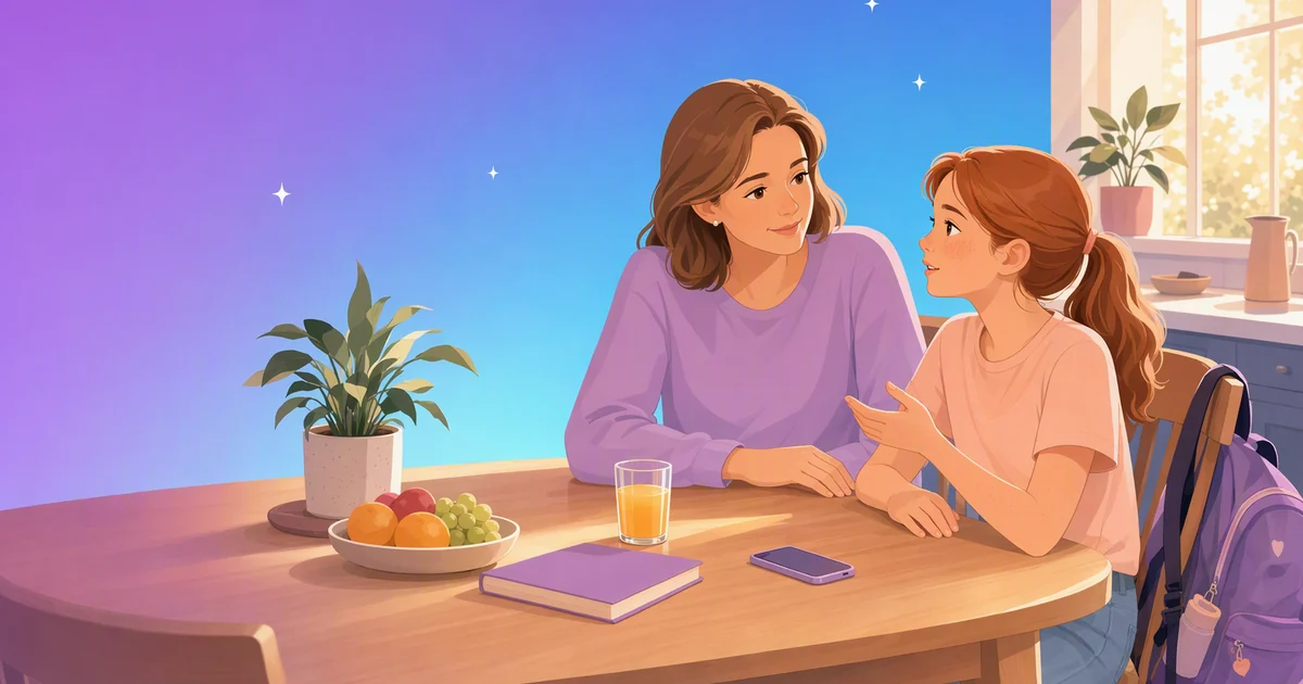 Illustration of a mother and her daughter at the kitchen table after school: the girl, her school bag hanging on the chair, tells her something and her mother listens calmly.