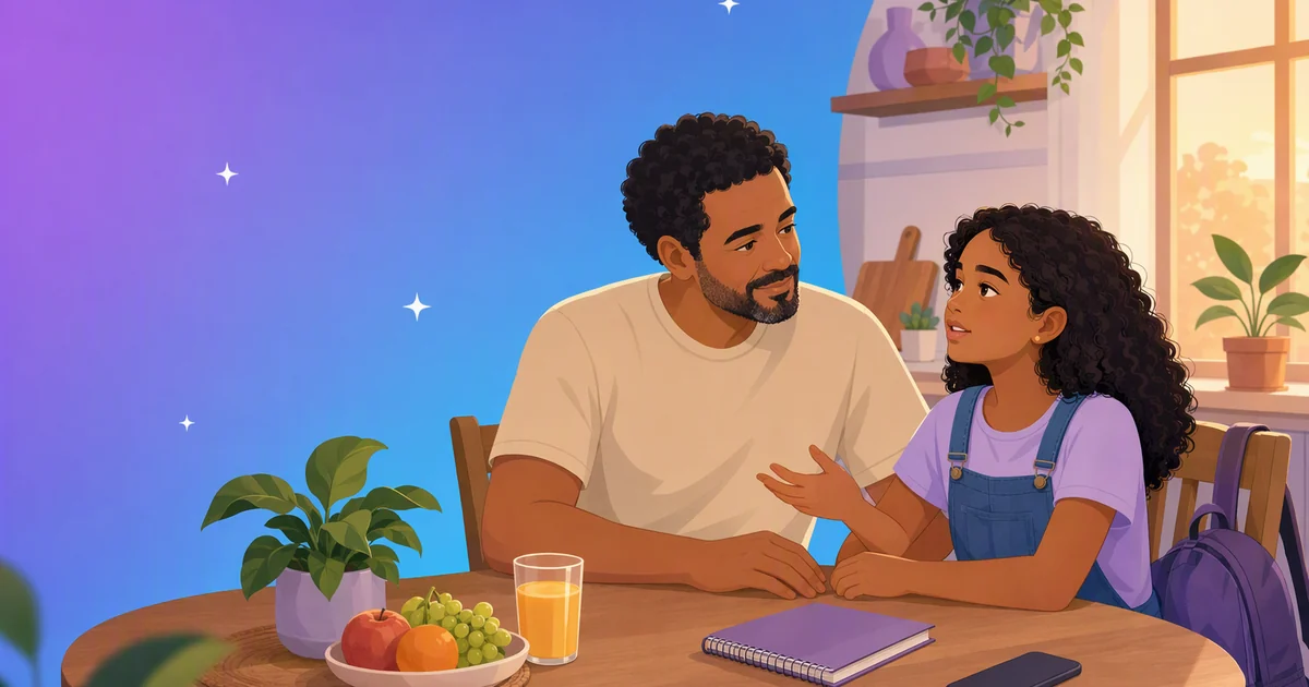 Ilustração de um pai e sua filha à mesa da cozinha depois da escola: a menina, com a mochila pendurada na cadeira, conta algo e o pai escuta com calma.