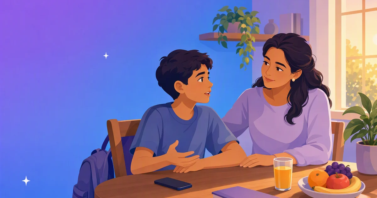 Ilustración de una madre y su hijo en la mesa de la cocina al volver de la escuela: el chico, con la mochila colgada de la silla, le cuenta algo y ella lo escucha con calma.