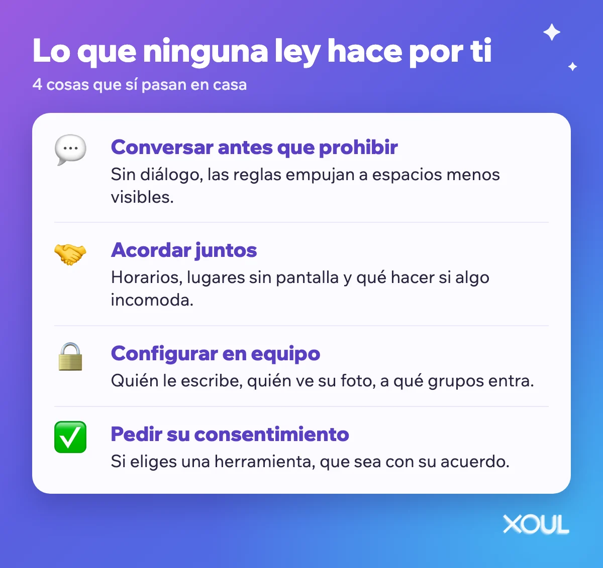 Infografía con 4 cosas que ninguna ley hace por ti: conversar antes que prohibir, acordar juntos, configurar en equipo y pedir su consentimiento.