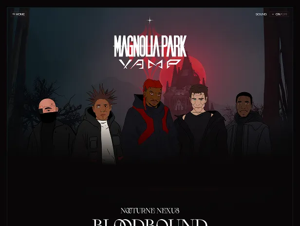 Illustration of five serious characters standing against a dark background with a red moon and gothic castle, with the title Magnolia Park Vampire above them.