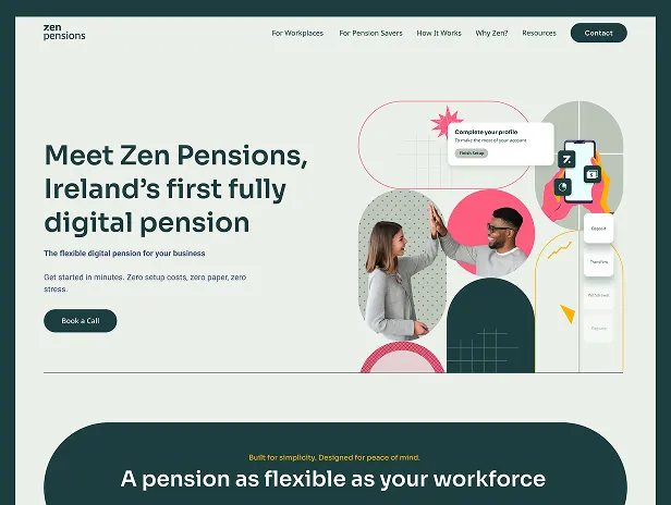 Website homepage for Zen Pensions advertising Ireland’s first fully digital pension with options to book a call and features digital pension solutions for businesses.