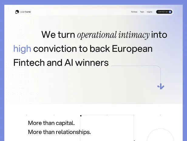 Website header with text highlighting backing European Fintech and AI winners through operational intimacy and conviction.