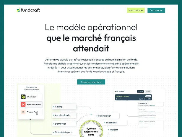 Fundcraft webpage titled 'The operational model the French market awaited' describing a digital alternative platform for fund administration with a diagram of an operational system and a selection menu of fund managers.