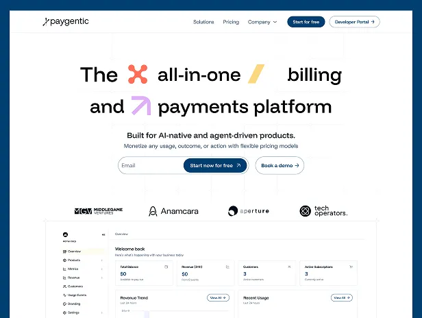 Homepage screenshot of Paygentic billing and payments platform highlighting AI-native and agent-driven products with call-to-action buttons and partner logos.