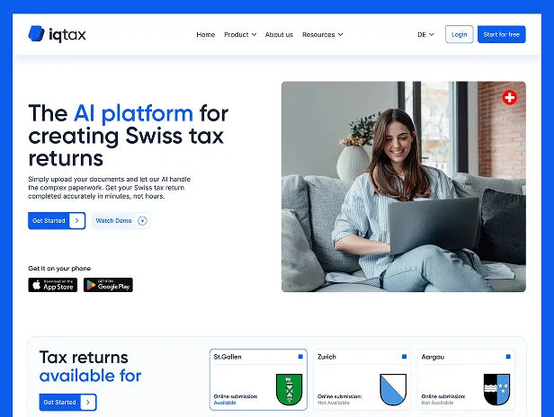 iqtax webpage showing AI platform for creating Swiss tax returns with a woman sitting on a couch using a laptop.