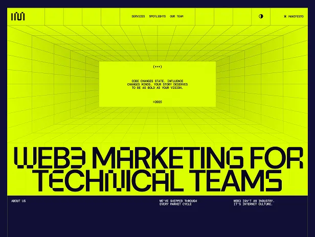 Webpage with neon yellow background featuring the text 'WEB3 MARKETING FOR TECHNICAL TEAMS' and a highlighted quote about code changing state, influence, and storytelling.