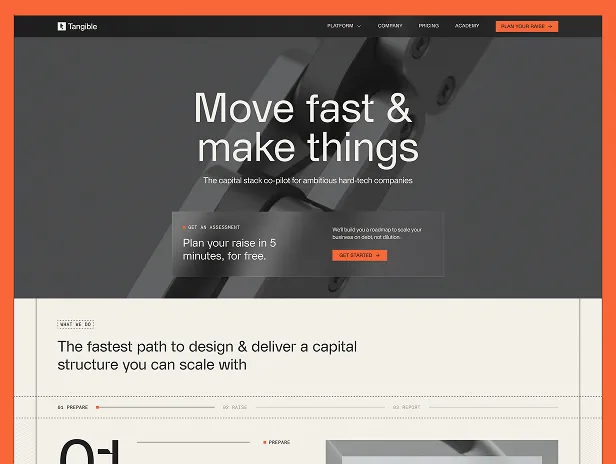 Website homepage with headline 'Move fast & make things' and a call to action to plan a raise in 5 minutes for free, featuring a dark background with a close-up of machinery.