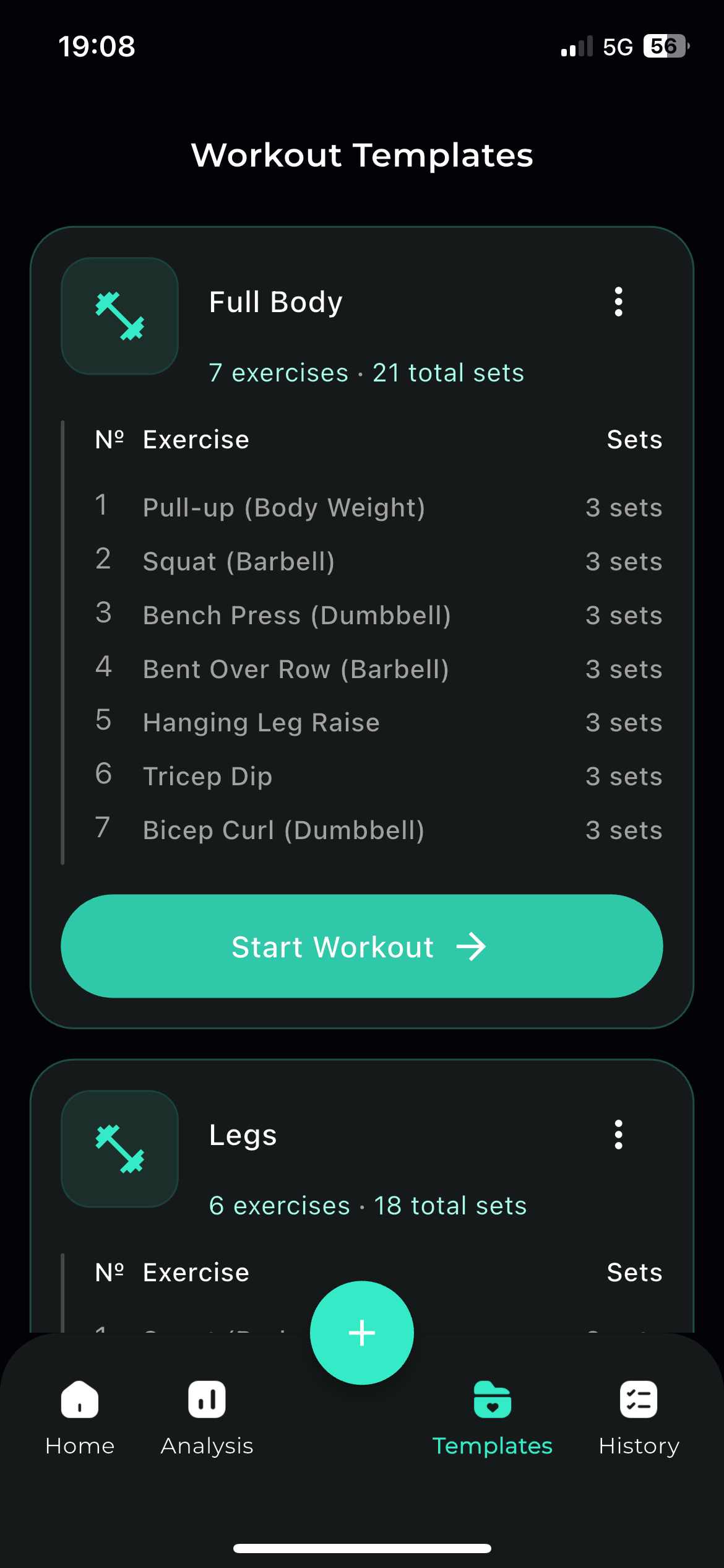 A screenshot of the workout template page in the REPR app