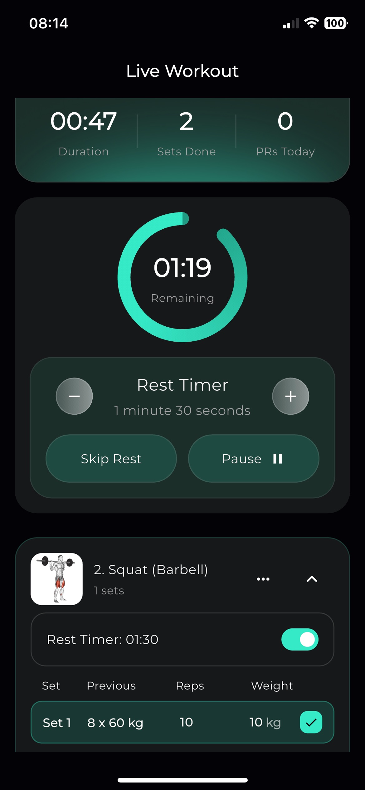 A screenshot of the live workout screen in the REPR app