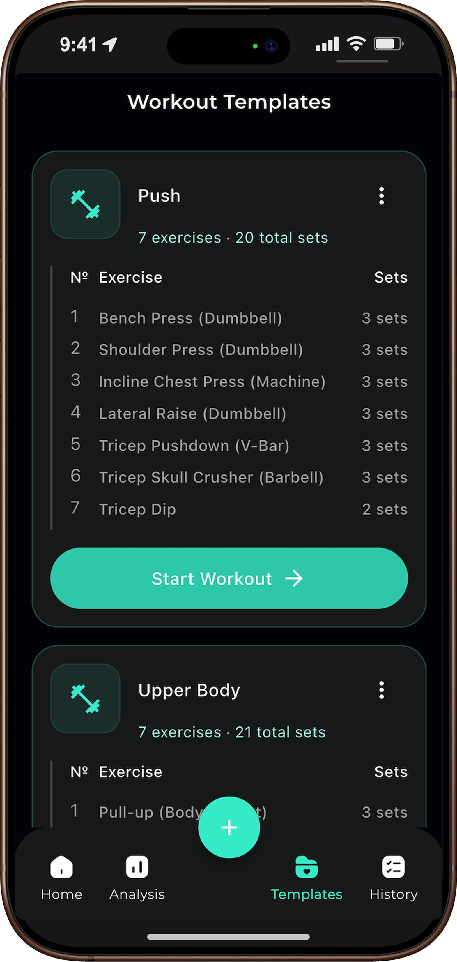 Mobile app screen displaying workout templates with details of push exercises including dumbbell and machine presses, tricep exercises, and sets, plus navigation menu with Home, Analysis, Templates, and History.