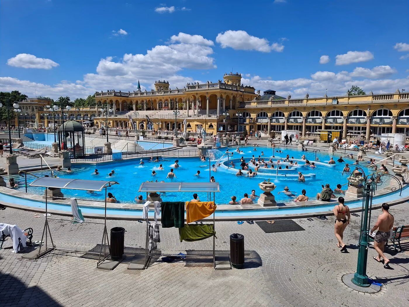 Outdoor thermal pool at Szechenyi Baths Budapest with neo-baroque architecture, illustrating Hungary as Europe's bathhouse capital