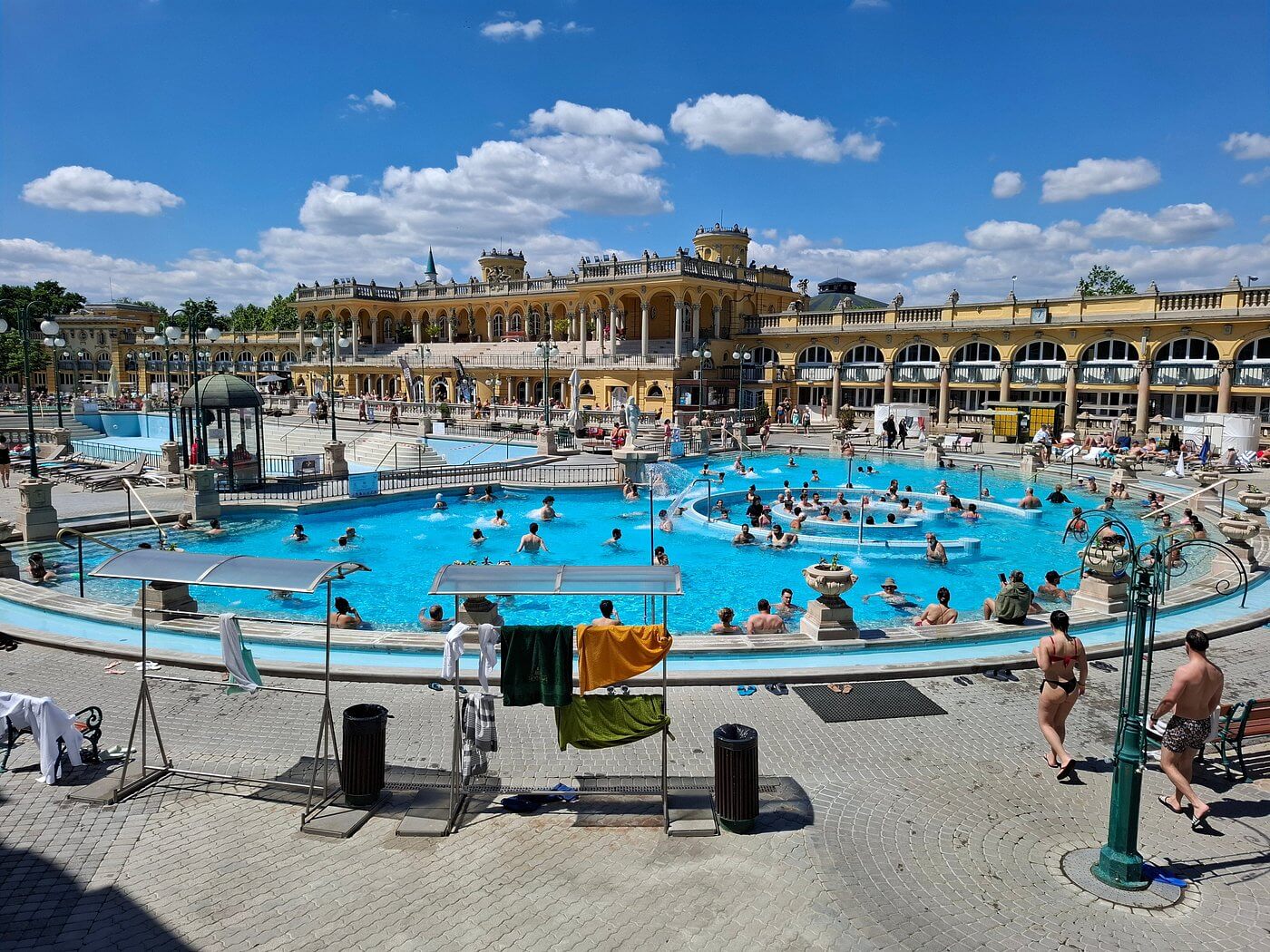Outdoor thermal pool at Szechenyi Baths Budapest with neo-baroque architecture, illustrating Hungary as Europe's bathhouse capital
