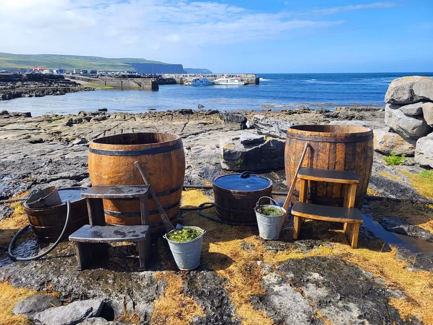 Traditional Irish seaweed bath with wooden tub by the coast, illustrating Ireland's distinctive spa heritage