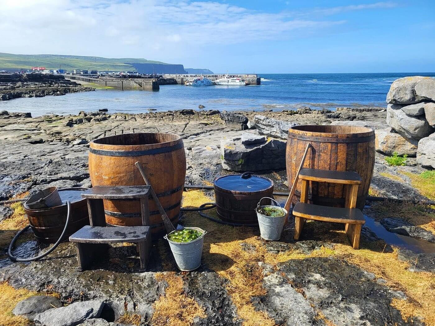 Traditional Irish seaweed bath with wooden tub by the coast, illustrating Ireland's distinctive spa heritage