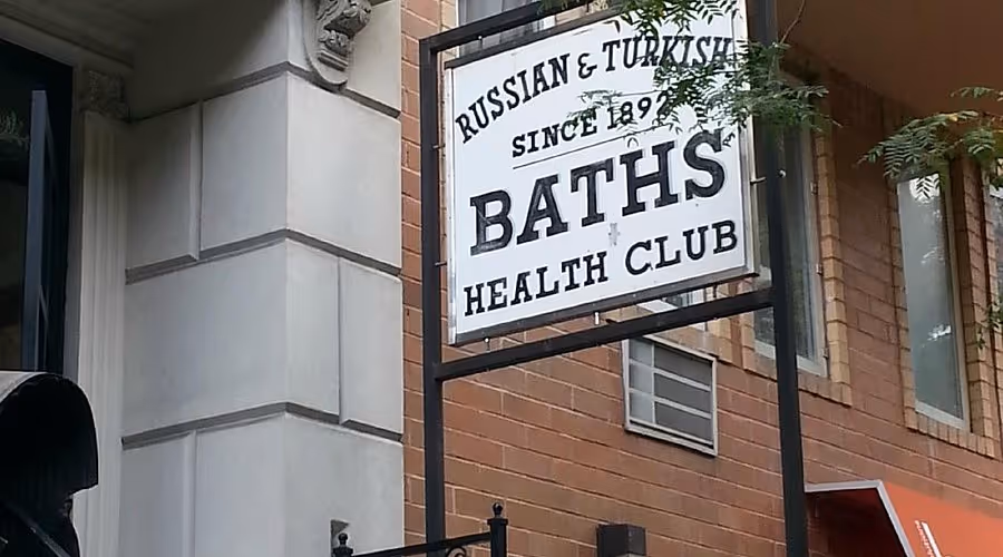 Retro entry sign of Russian & Turkish Baths, New York