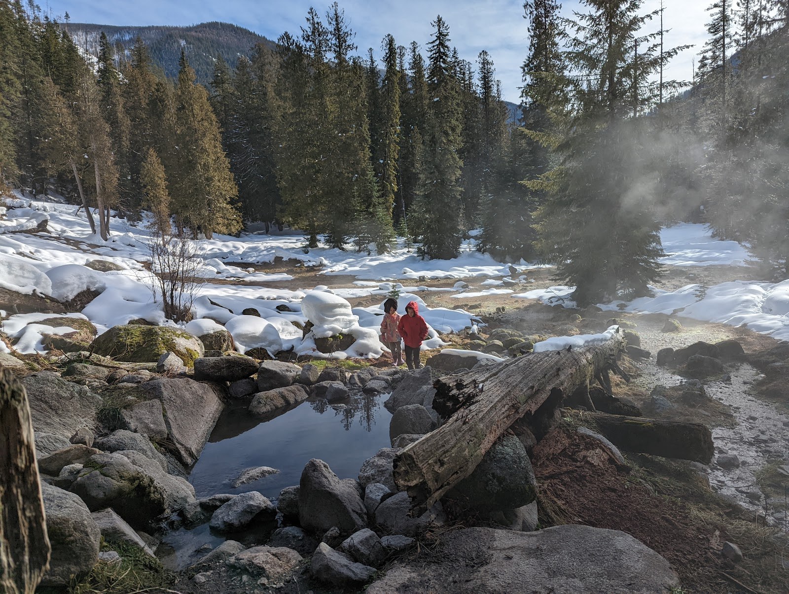 People walking near steaming pools at snow-covered Jerry Johnson Hot Springs with tall pine trees in Kooskia, Idaho, United States.