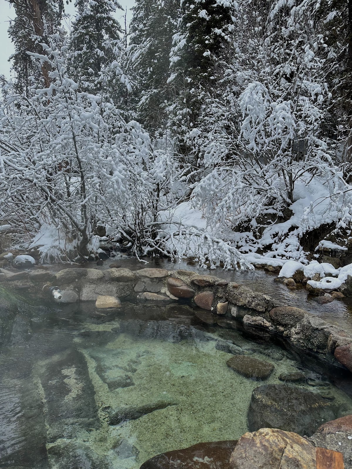 Clear steaming waters in a stone hot spring pool at Trail Creek Hot Springs with snow-covered trees providing a scenic winter setting in Idaho.