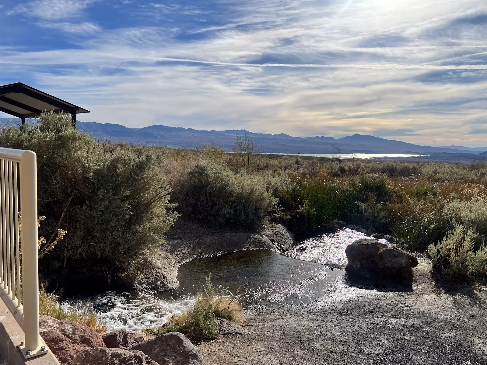 Scenic natural hot spring pool and stream at Rogers Spring with shrubbery and mountains visible near Overton, Nevada
