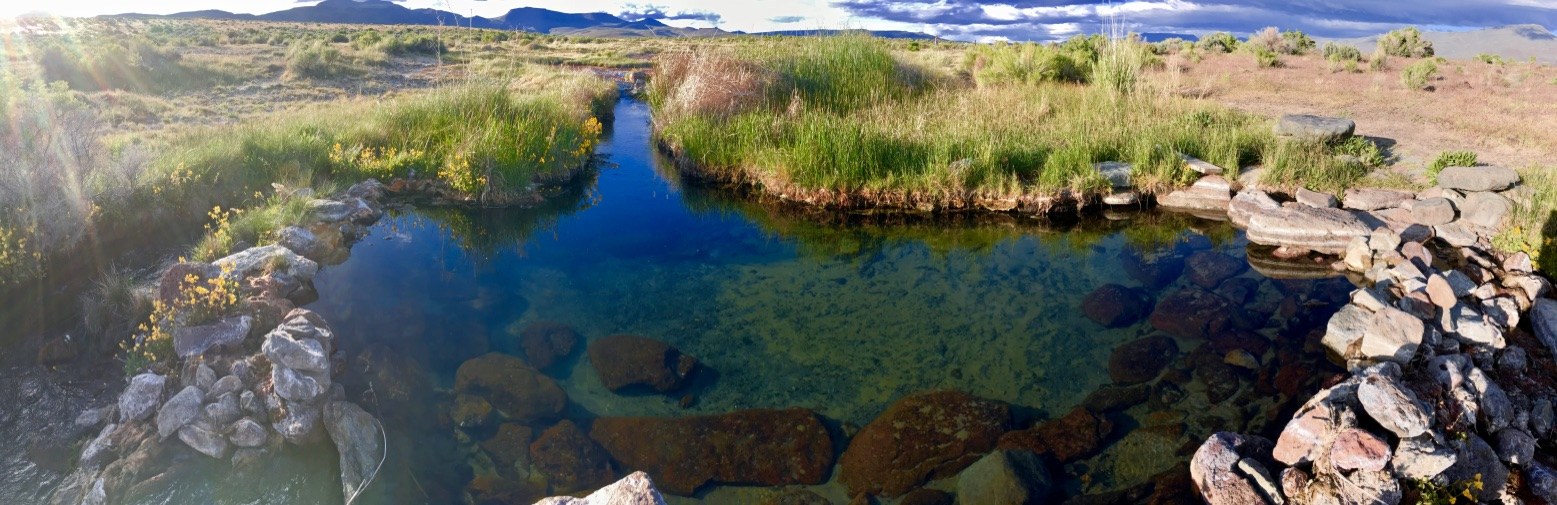 Clear water flows in a natural outdoor pool bordered by stones and green vegetation at Soldier Meadows Hot Springs near Gerlach, Nevada.