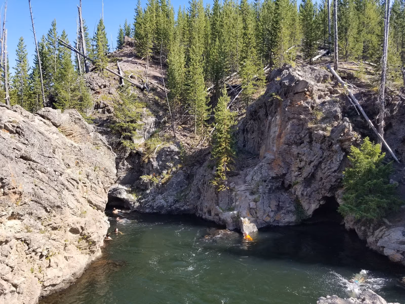 Natural mineral pool nestled between rocky cliffs and pine trees at Firehole River Swimming Area in Wyoming with swimmers in the water.