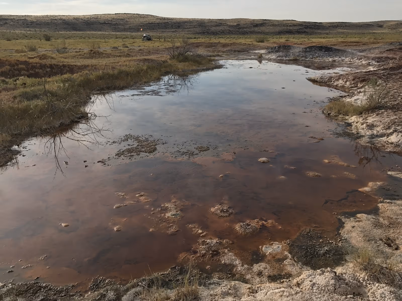 Natural mineral pool with rusty sediment forming around the edges surrounded by grassy plains at Baker Hot Springs near Delta, Utah.