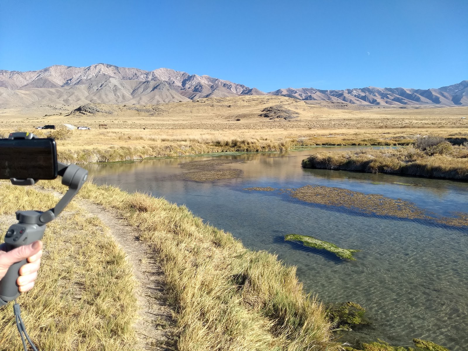Clear shallow spring water with grassy edges and a person holding a camera gimbal, capturing the scene at Horseshoe Springs Utah.