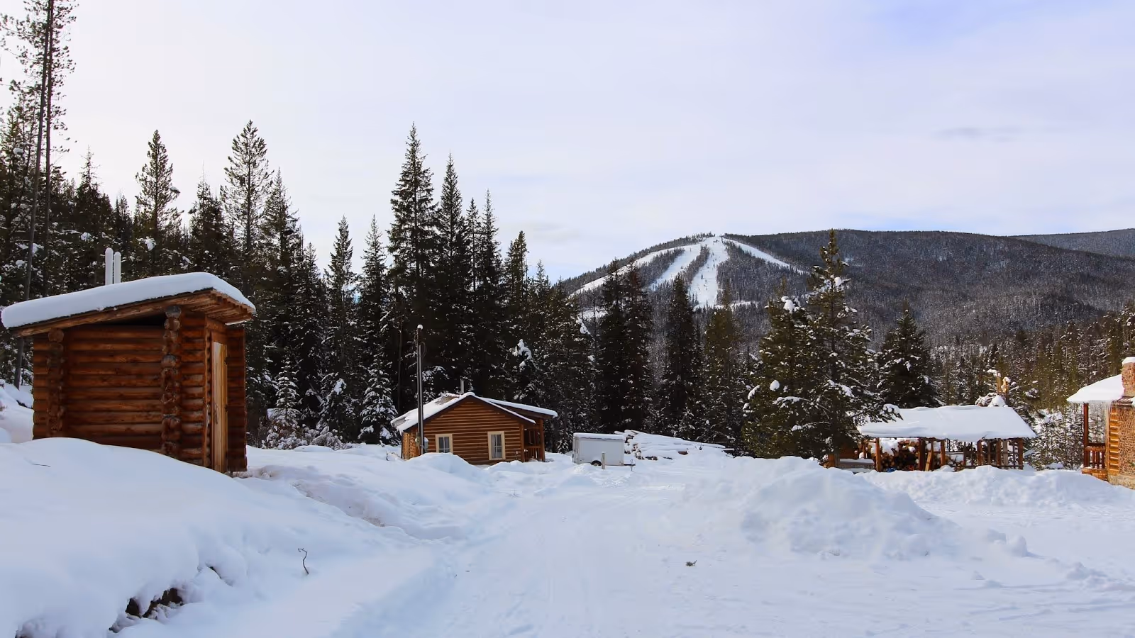 Rustic wooden lodge with a large sign for Elkhorn Hot Springs nestled in a shaded forest area near Polaris, Montana.