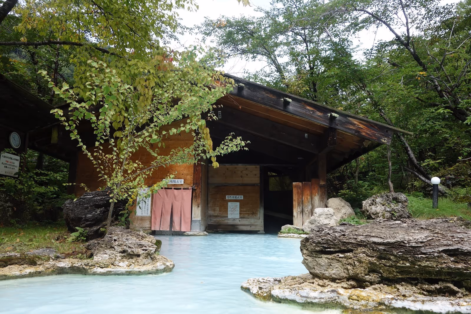 Outdoor mineral water soaking pool at Awanoyu surrounded by green trees and a wooden structure near Matsumoto in Japan.
