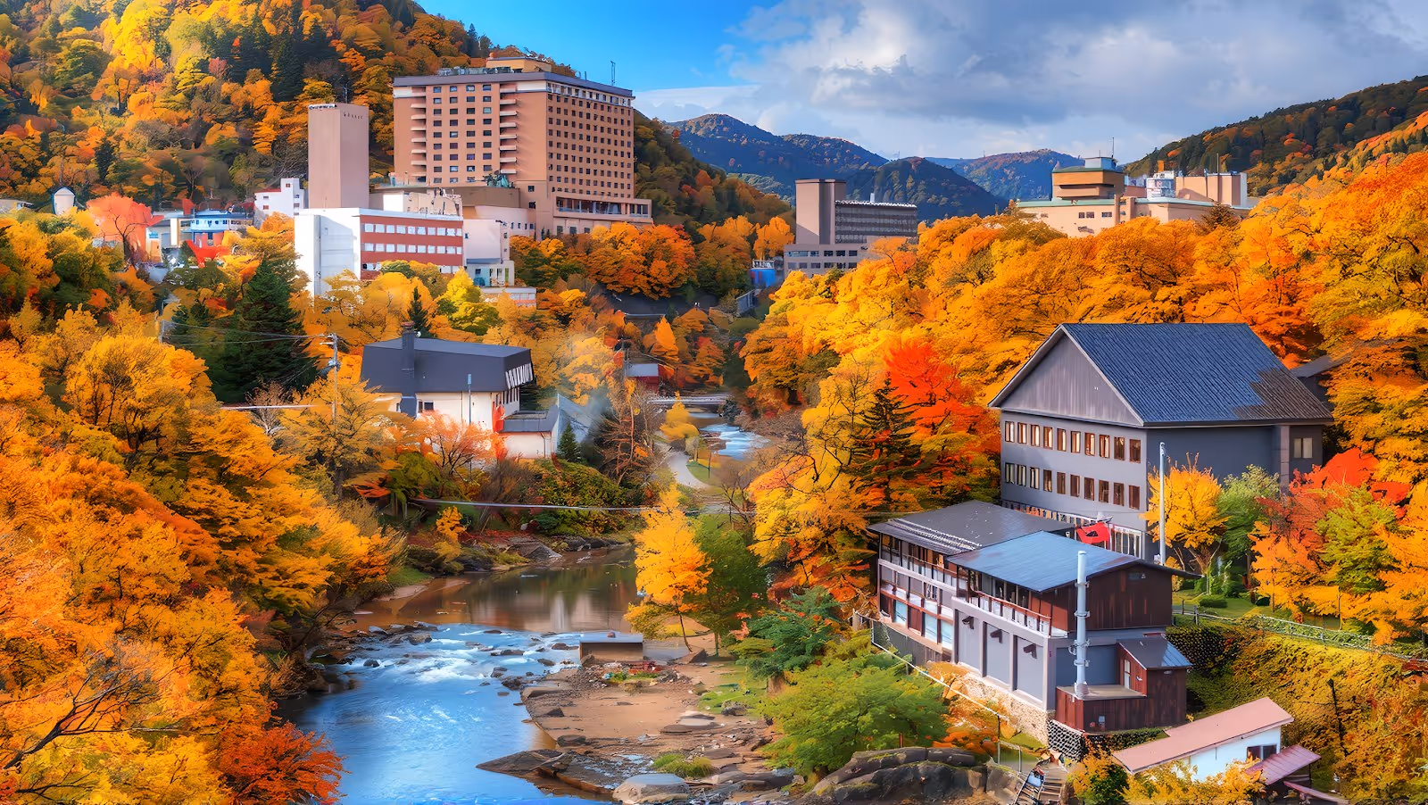 A scenic view of Jozankei Onsen resort buildings nestled in colorful autumn trees beside a flowing river in Sapporo Japan.