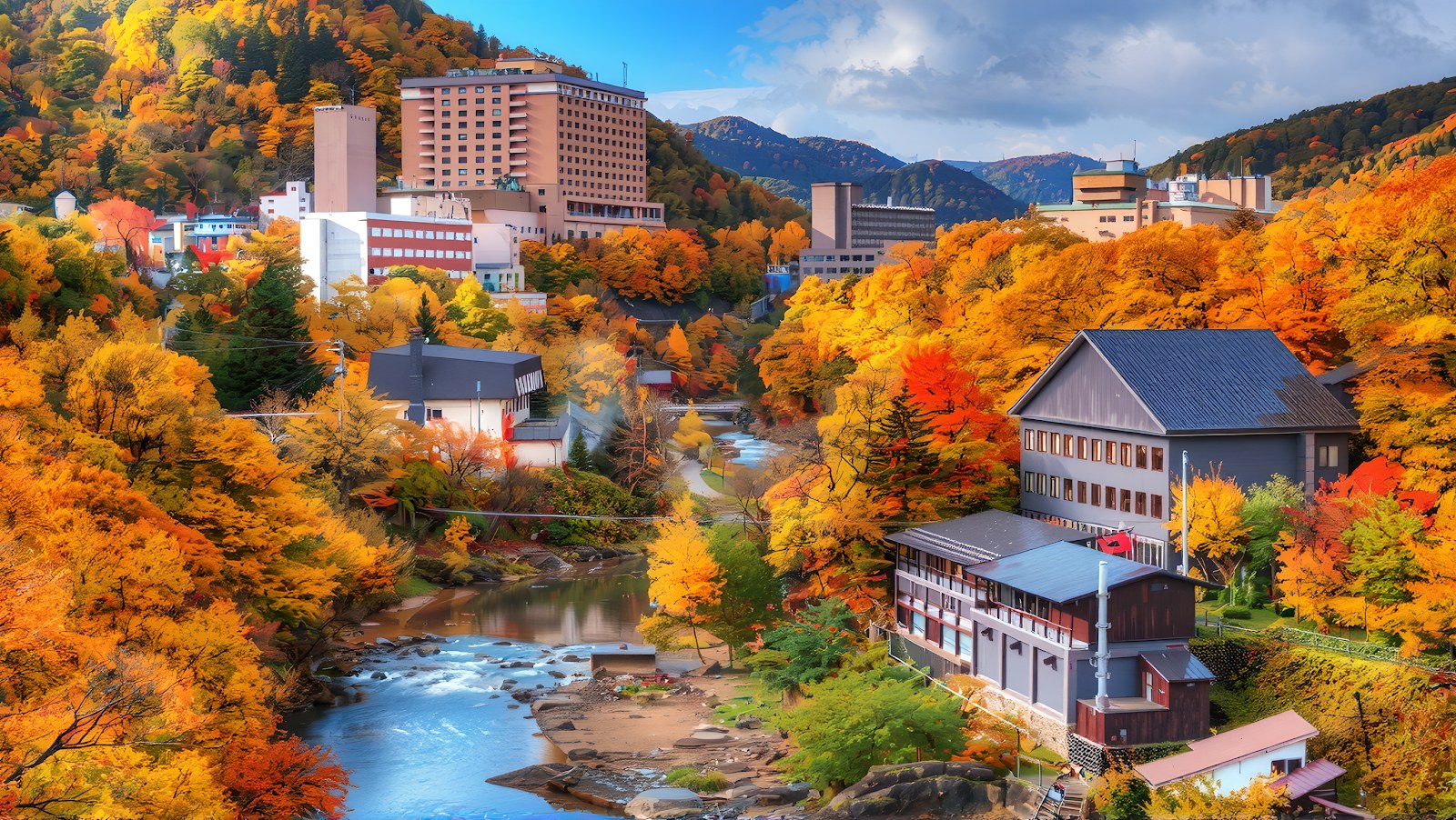 A scenic view of Jozankei Onsen resort buildings nestled in colorful autumn trees beside a flowing river in Sapporo Japan.