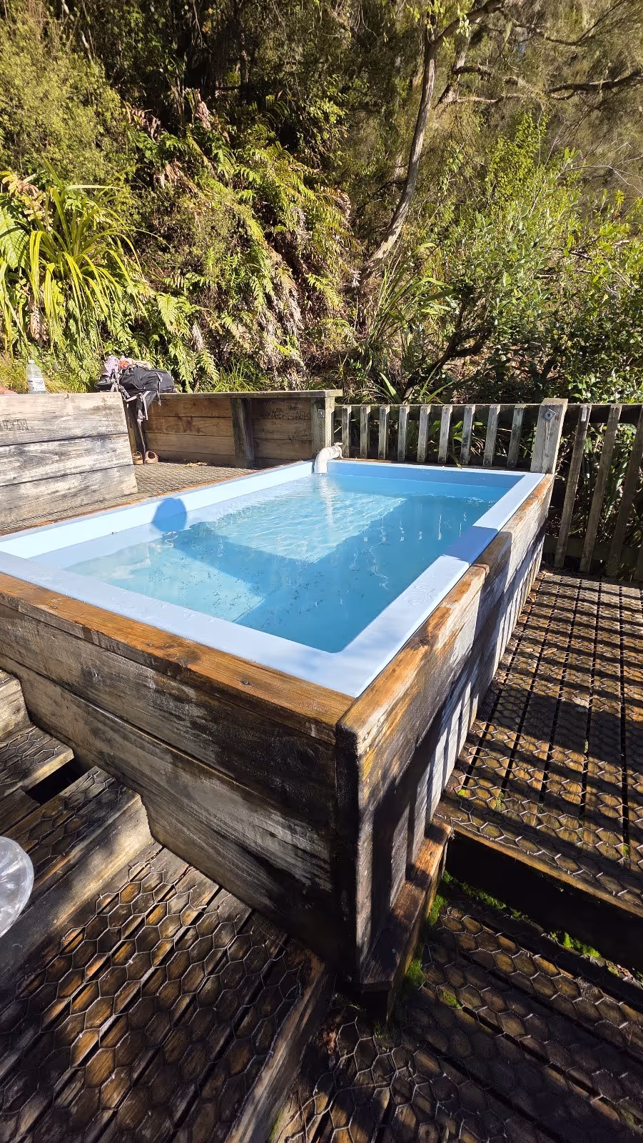 Clear water filled rectangular wooden pool surrounded by lush plants on a sunny day at Mangatutu Hot Springs.