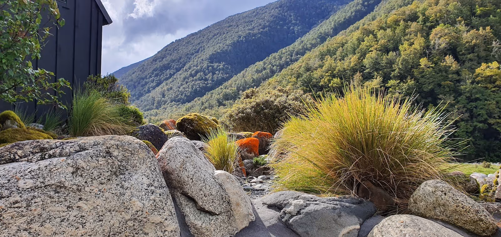 Maruia Hot Springs mineral pool bordered by rocks and tall grasses with a black building and green mountains under a bright sky in New Zeal.