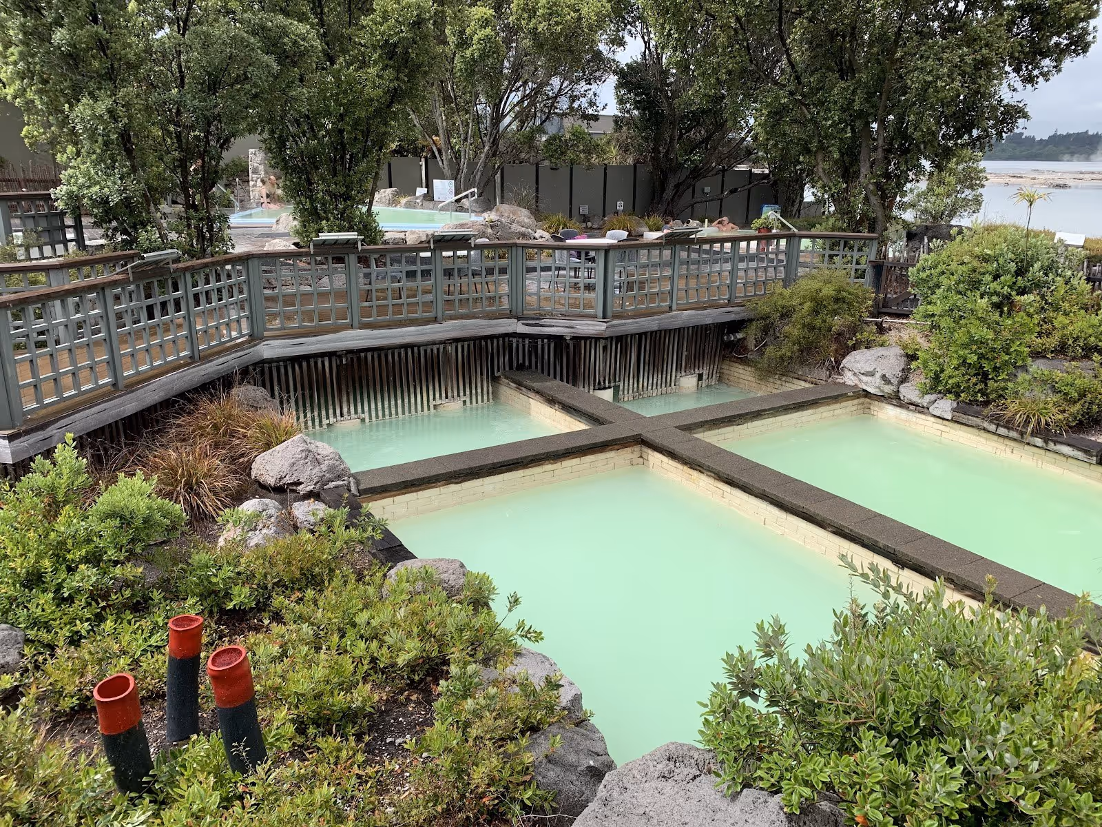 Four square outdoor mineral pools with light green water at Polynesian Spa in Rotorua New Zealand surrounded by trees and boardwalk.