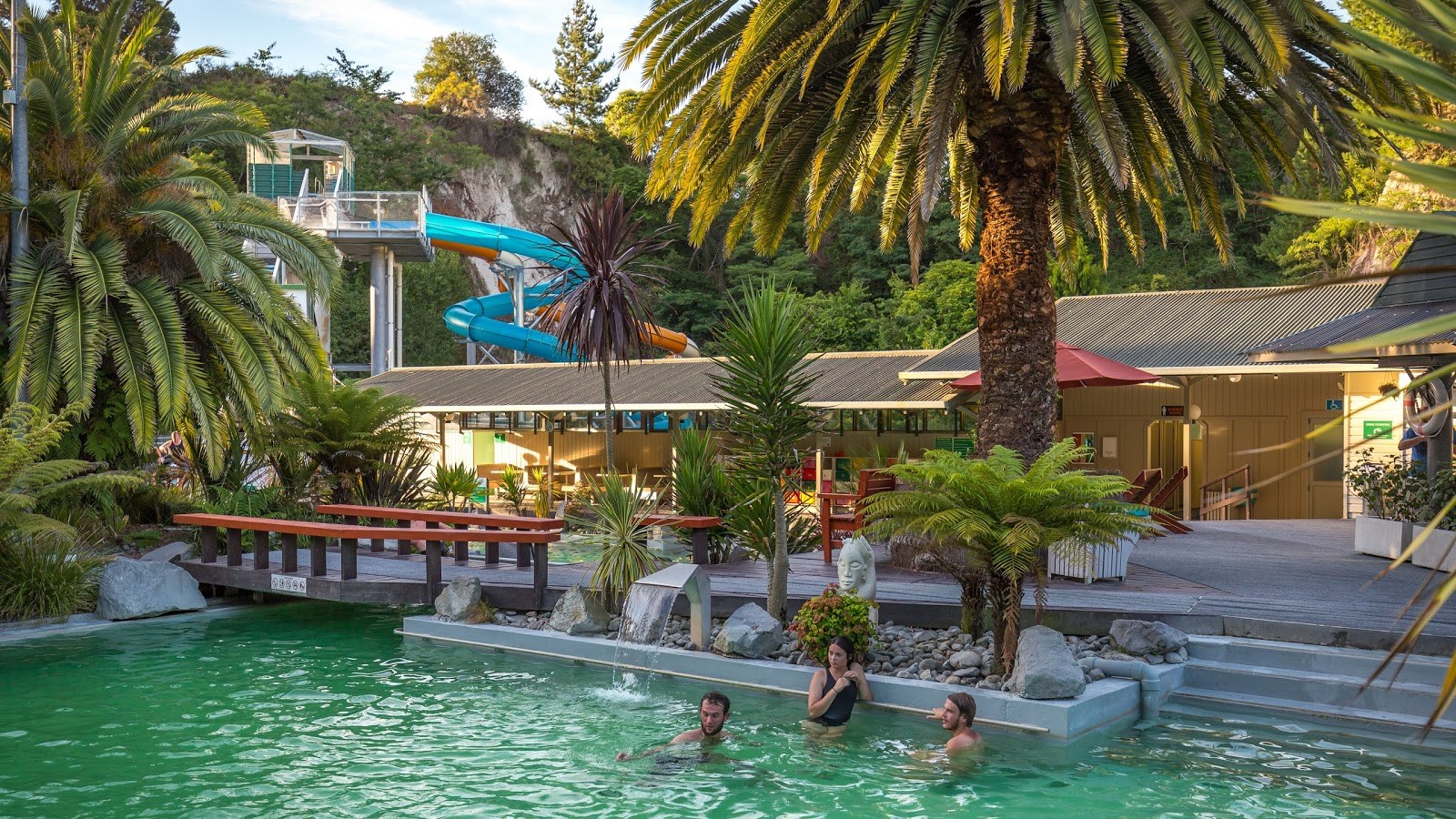 Outdoor hot spring pool with green water surrounded by palm trees and a water slide in Taupō New Zealand at Taupo DeBretts Hot Springs.
