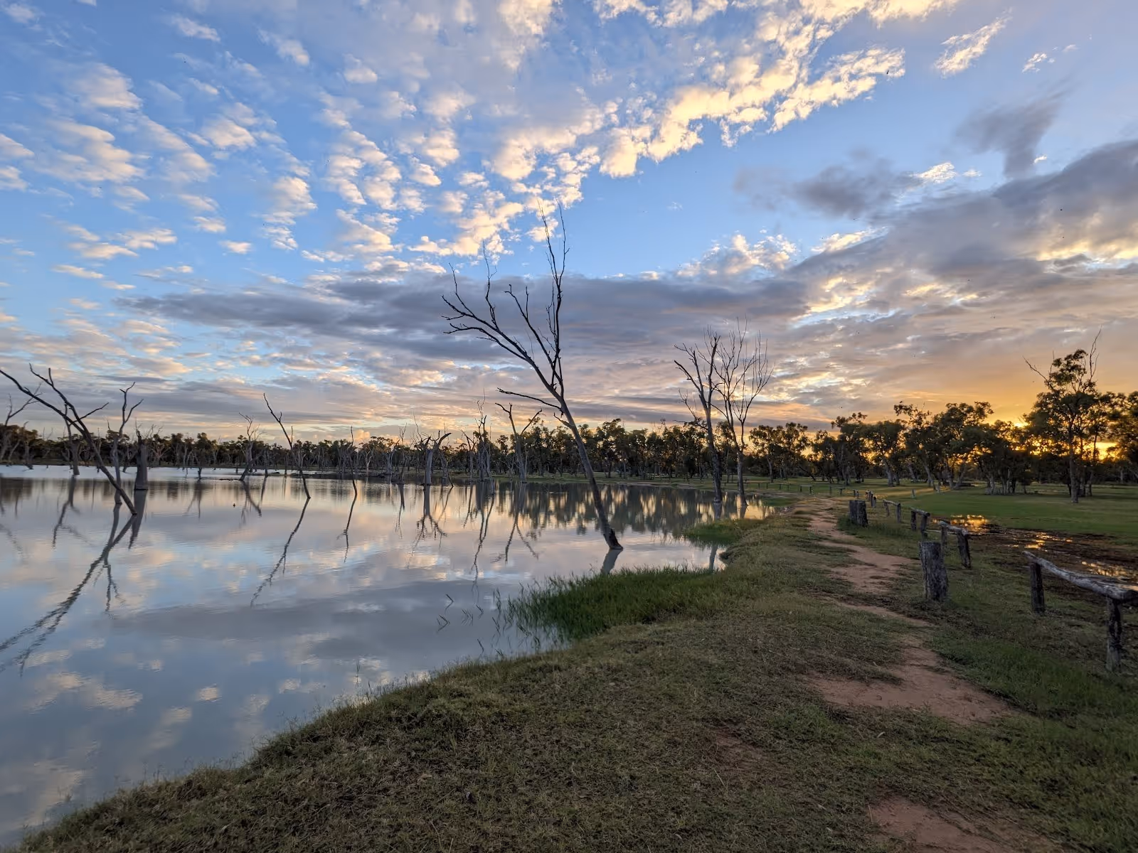 Calm natural pool water reflects blue sky and leafless trees in the remote landscape of Lara Wetlands thermal pool Australia.