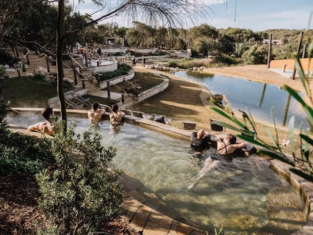 Multi-tiered hot spring pools with people soaking and wooden railings around the area at Peninsula Hot Springs in Fingal, Mornington Penins.