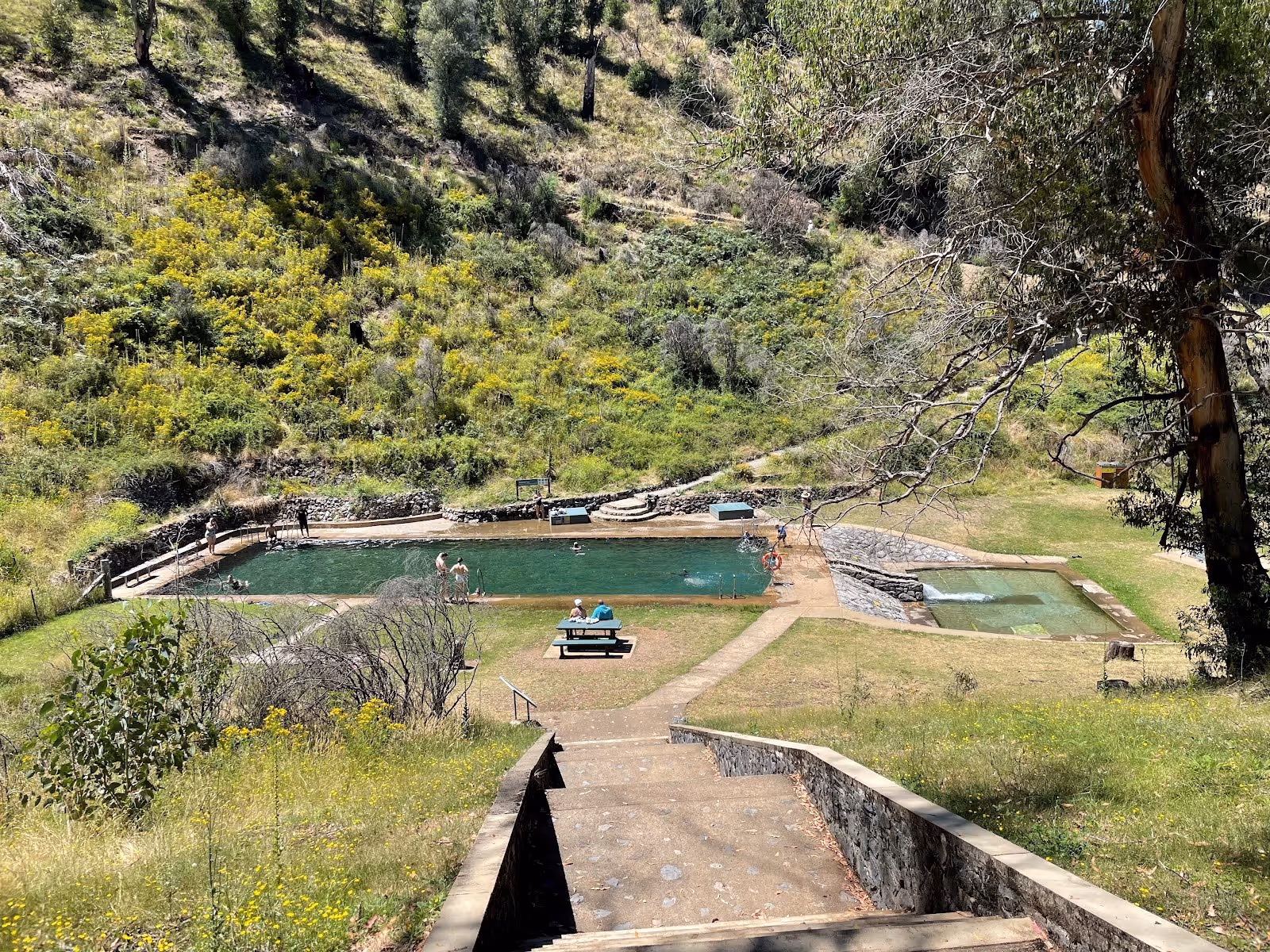 Yarrangobilly Caves thermal pool features an outdoor soaking pool with steps and picnic tables surrounded by green grassy areas and trees n.