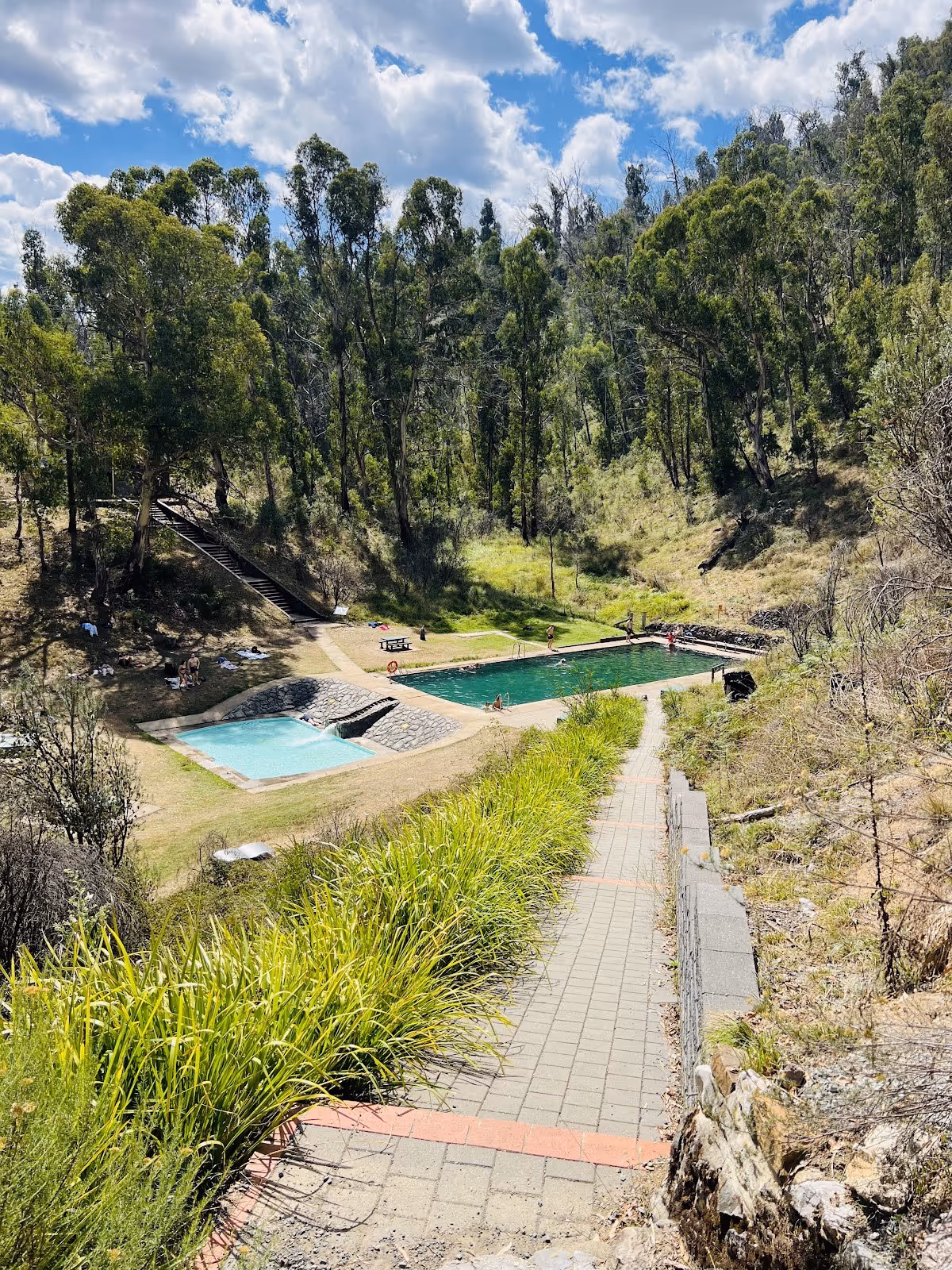 Stairs lead down to a green outdoor pool and a smaller thermal pool at Yarrangobilly Caves thermal pool, surrounded by grassy banks and tal.