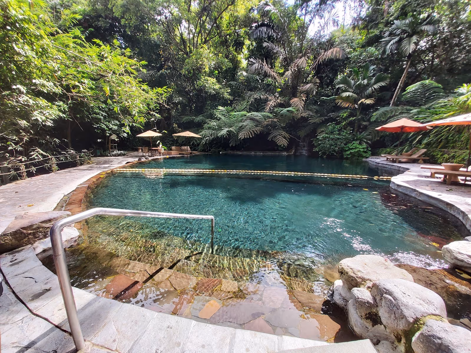 Clear outdoor mineral pool surrounded by lush green tropical plants at Hidden Valley Springs near Calauan Philippines.