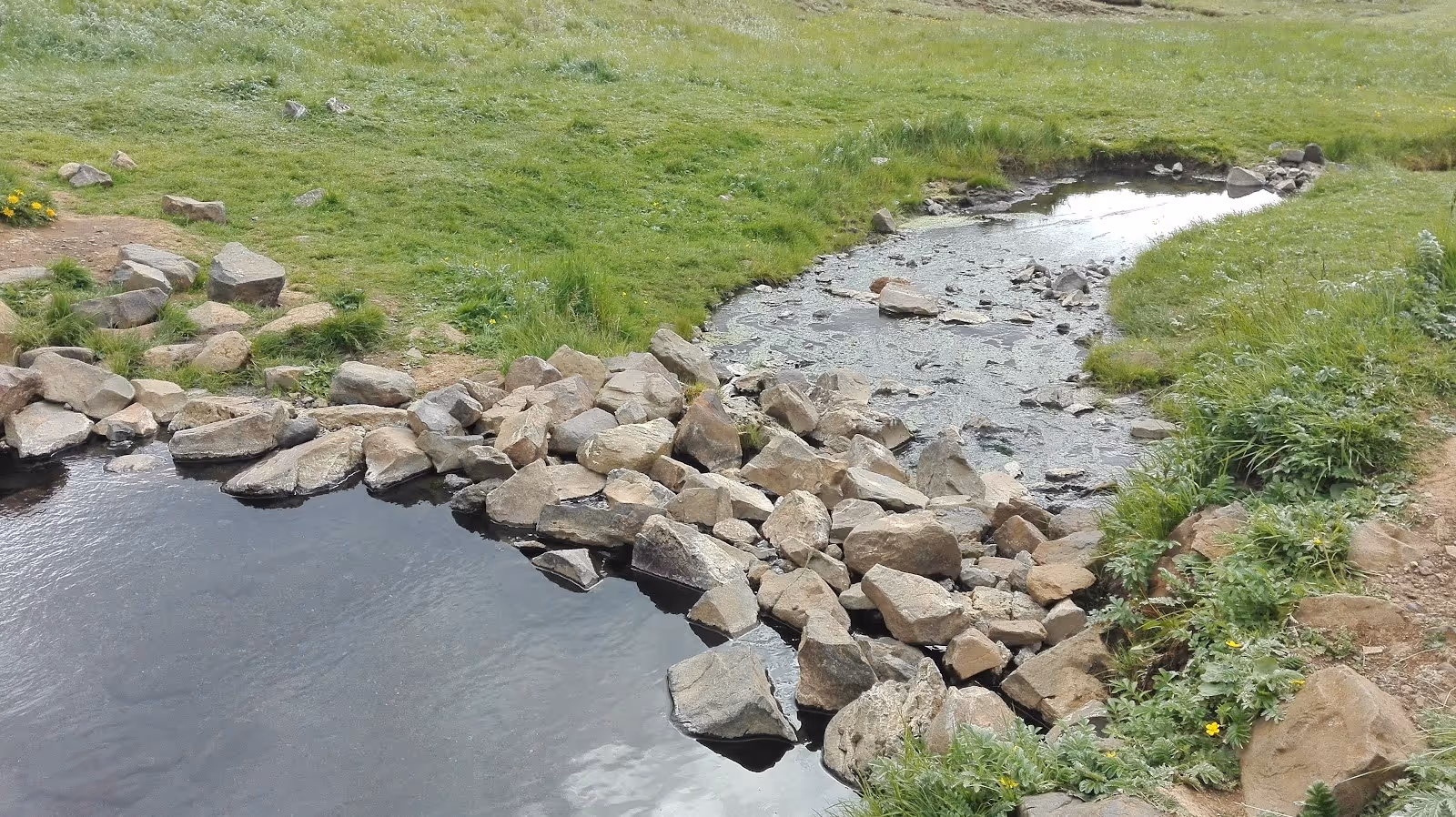 Outdoor hot spring pool with calm water flowing into a rocky stream surrounded by green grass at Hrunalaug Hot Spring in Iceland.