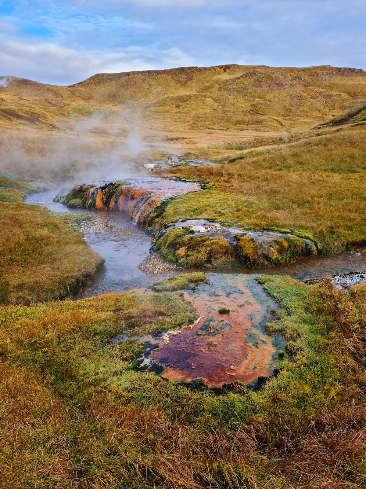 Steam rising from a colorful mineral-rich hot spring flowing through mossy grassland with hills in the background near Hverageroi, Iceland.