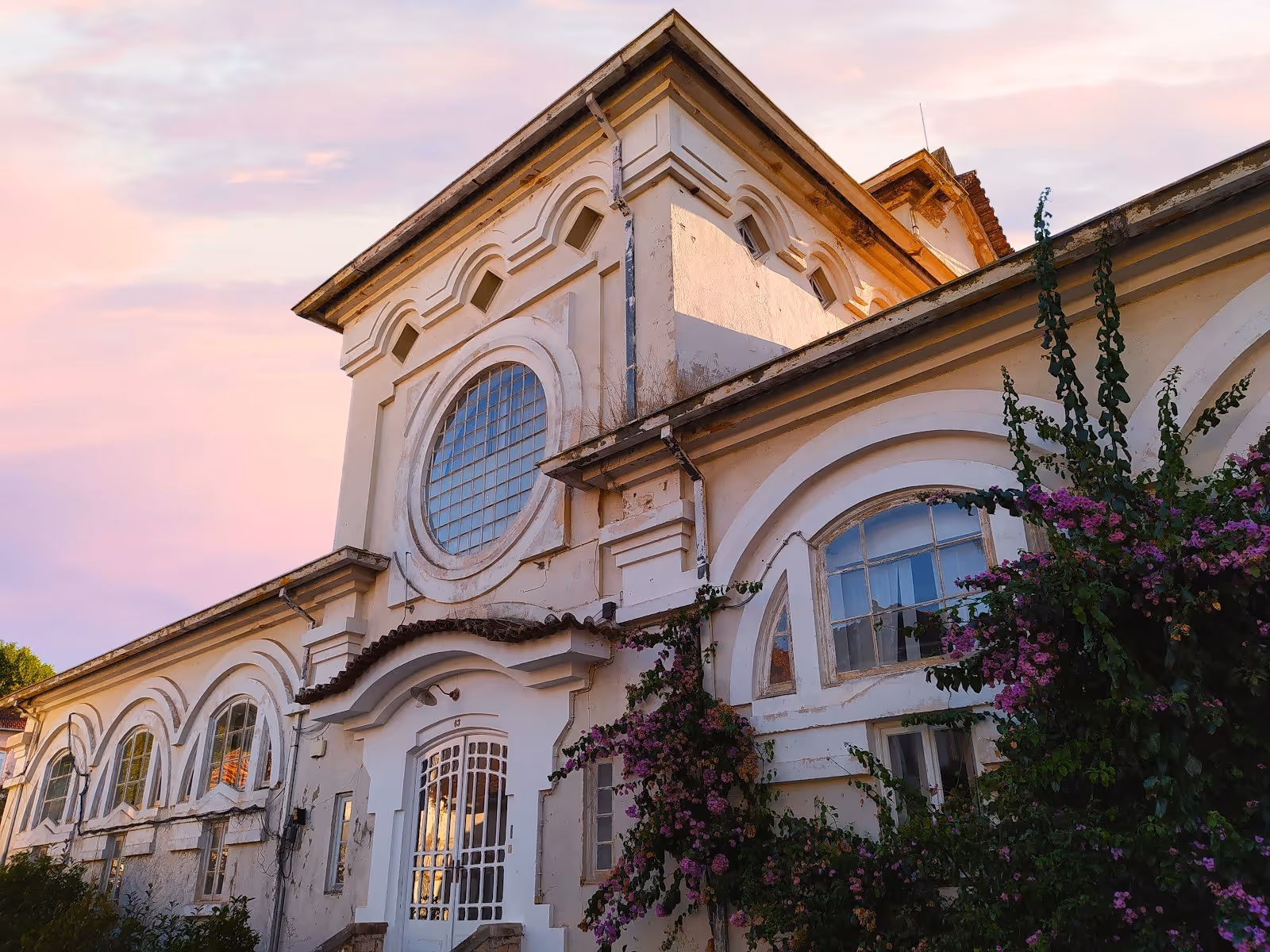 Historic white building with arched windows climbing walls covered with purple flowers at Termas de Luso under a pink sky.