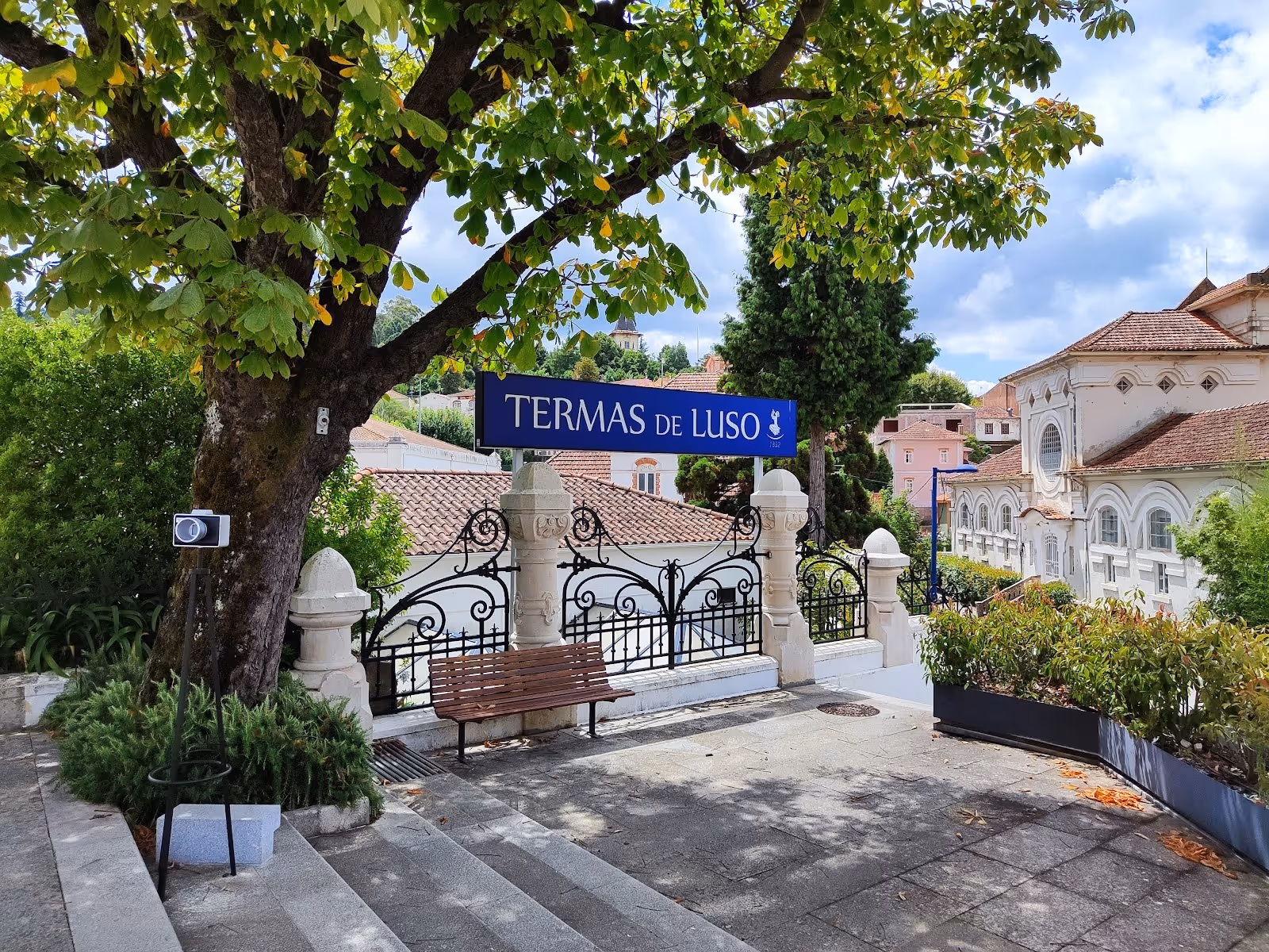 Sign reading Termas de Luso mounted on decorative black fencing near steps under a large leafy tree in Luso, Portugal.